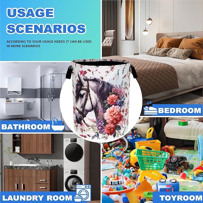 White Horse Flowers Laundry Basket Oxford Cloth Funny Laundry Hamper With Handle Foldable Portable Clothes Storage Basket 18.9 X 16.5 Inch Storage Bag For Laundry Room/Bathroom/Bedroom/Dormitories