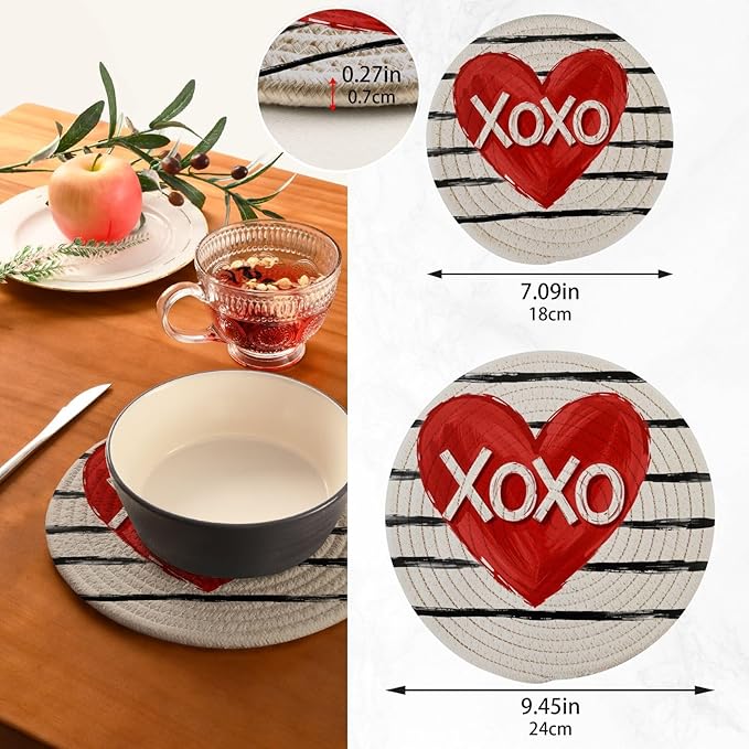 Heart XOXO Striped Love Trivet Mat 2PCS Round Woven Potholders Kitchen Table Countertop Protector Hot Pads Farmho