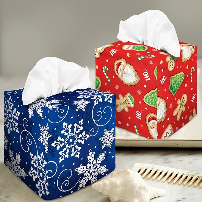 Tissue Box Cover Square Decorative Tissue Box Holder Cute Funny Cube Tissue Case Cover-Xmas Decor Snowflake Tissue Box Cover