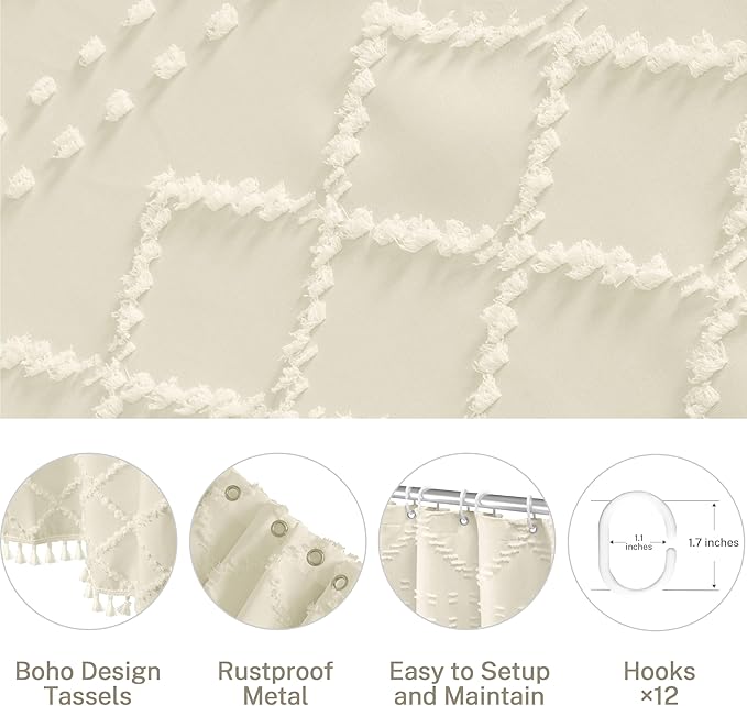 Siiluminisoy Extra Long Cream Boho Shower Curtain Woven Fabric Cute 90 Inch Shower Curtain, 72 x 90 Tufted Chevron Textured Striped Modern Farmhouse Minimalist Cloth Shower Curtain for Bathroom