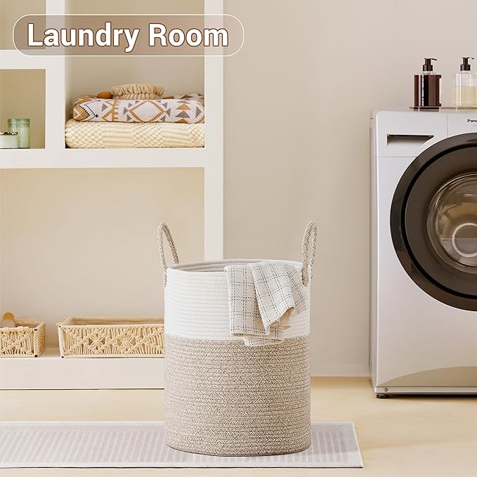 SunNewt Tall Laundry Basket with Handles, 53L Portable Dirty Clothes Hamper, Boho Cotton Rope Storage Bin for Blankets Kids Toys Gifts, Decorative Organizer for Baby Nursery Bedroom Bathroom, Brown