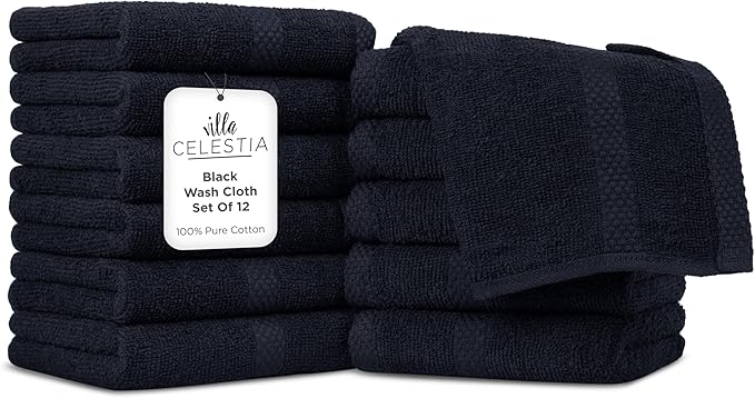 Villa Celestia 100% Cotton Wash Cloth for face & Body Set of 12, (12 x 12 inches) Sustainable, Soft, Highly Absorbent, Combed Cotton Wash Cloths Pack of 12 for Hotels, Spa, Bathroom, Dorm, Black