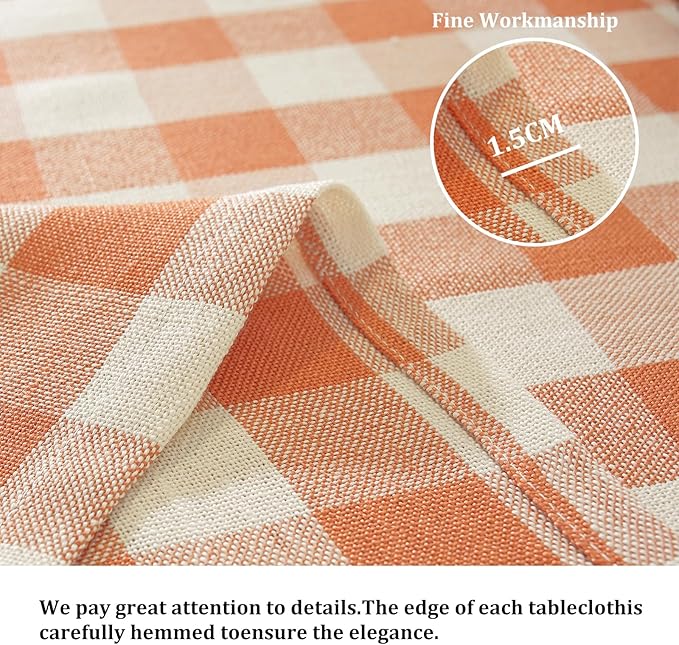 Alsoo Checkered Tablecloth Rectangle Gingham Table Cloth Washable Cotton Linen Fall Thanksgiving Buffalo Plaid Table Cover for Picnic Kitchen Dining Room, Orange and White, 60 * 106 inch