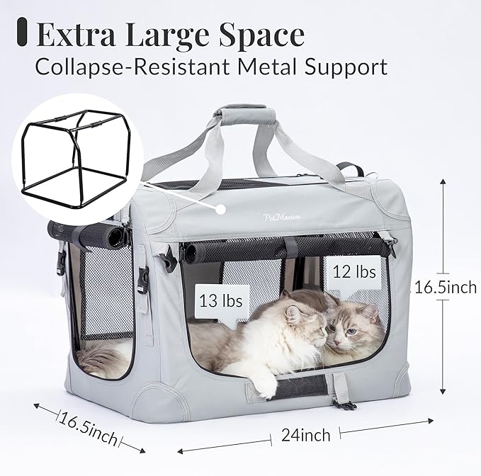 PetMasion Extra Large Cat Carrier for 2 Cats, Soft Pet Car Travel XL Bag for Large Big Cat 20lbs+, for Two Cats Long Trips Ride 24"x16.5"x16.5" with Litter Box