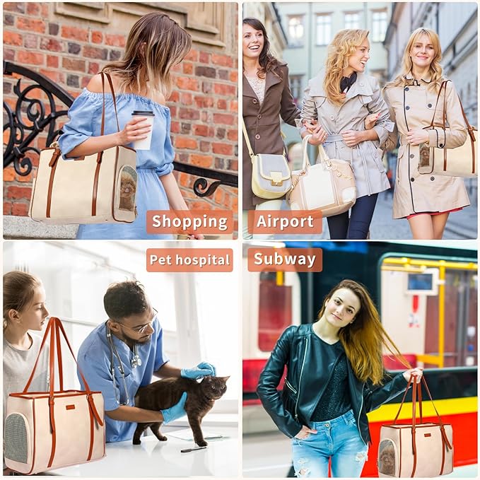 Lasaviin Fashion Dog Purse Pet Carrier Leather Bag for Small Dogs Cats Puppy, Portable Tote Bag Airline Approved Soft-Sided Carriers (Beign)