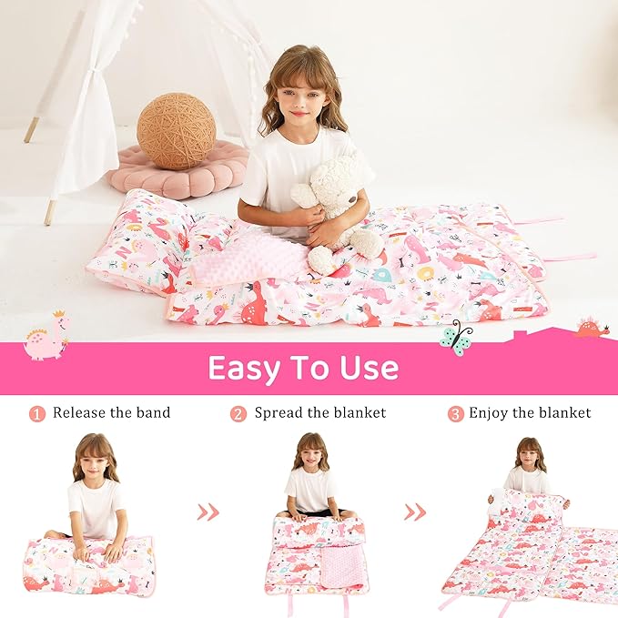 Toddler Nap Mat for Preschool 50''x30'' Sleeping Mat with Removable Pillow and Minky Blanket for Kids Ages 3-7 Roll Up Soft Sleeping Bag for Boys Girls Kindergarten Daycare Sleepover