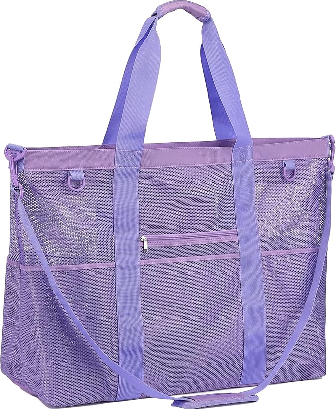 Fammart Mesh Beach Bag, Large Beach Tote Bags with Zipper, Toys Pool Bag for Family Travel Vacation Cruise Essentials