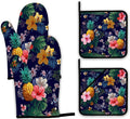 Palm Leaf Tropical Oven Mitts and Pot Holders,Pineapple Hibiscus Heat Resistant Oven Mitts Gloves and Pot Holder for Home Kitchen Decorations Cooking Baking BBQ Gifts,Set of 4