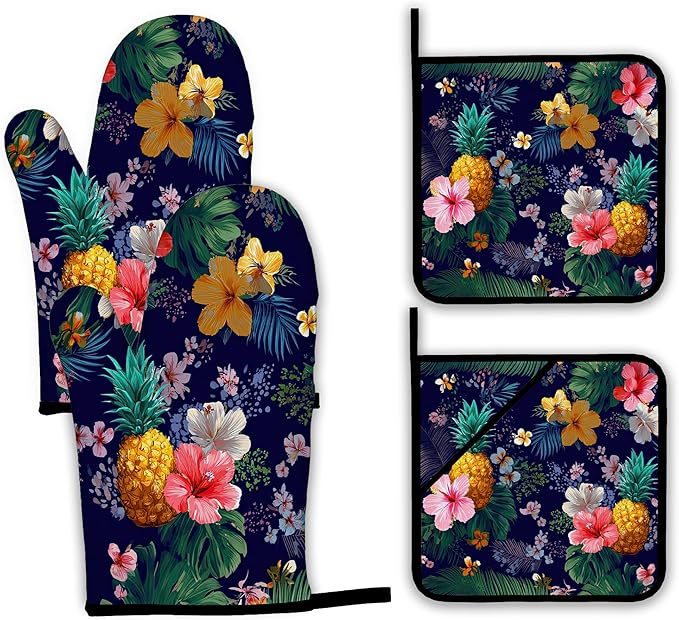 Palm Leaf Tropical Oven Mitts and Pot Holders,Pineapple Hibiscus Heat Resistant Oven Mitts Gloves and Pot Holder for Home Kitchen Decorations Cooking Baking BBQ Gifts,Set of 4