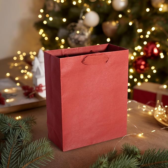 Prime Line Packaging Red Gift Bags, Kraft Paper Christmas Gift Bags with Handles for Kids, Holidays, Wrapping, Weddings, Party Favors, Small Shopping Bags, 8x4x10, 50 Pack