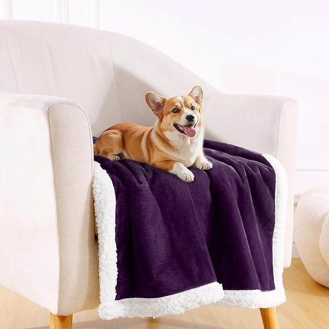 Smiry Waterproof Blanket Throw for Large Dogs Cats, Soft Reversible Dog Blanket for Sofa Couch Bed, Washable Leakproof Sherpa Fleece Furniture Couch Protector(30"x40", Dark Purple/White)