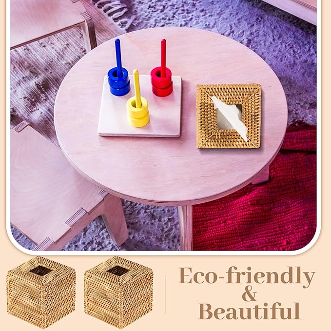 Kigley 2 Pcs Square Rattan Tissue Box Cover Boho Wicker Tissue Cube Box Cover 5.5'' x 5.5'' x 5.5'' Decorative Natural Wicker Hand Woven Napkin Box Holder Bathroom Office Car Accessories (Wood)