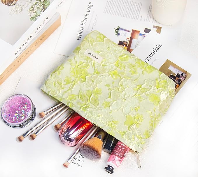 getgto 2 Pcs Makeup Bags, Large Cosmetic Bag Travel Toiletry Bag Organizer for Women, Embroidery Craft, Floral Makeup Bag Small Cosmetic Pouch Purse with Zipper Gifts for Girls Teen