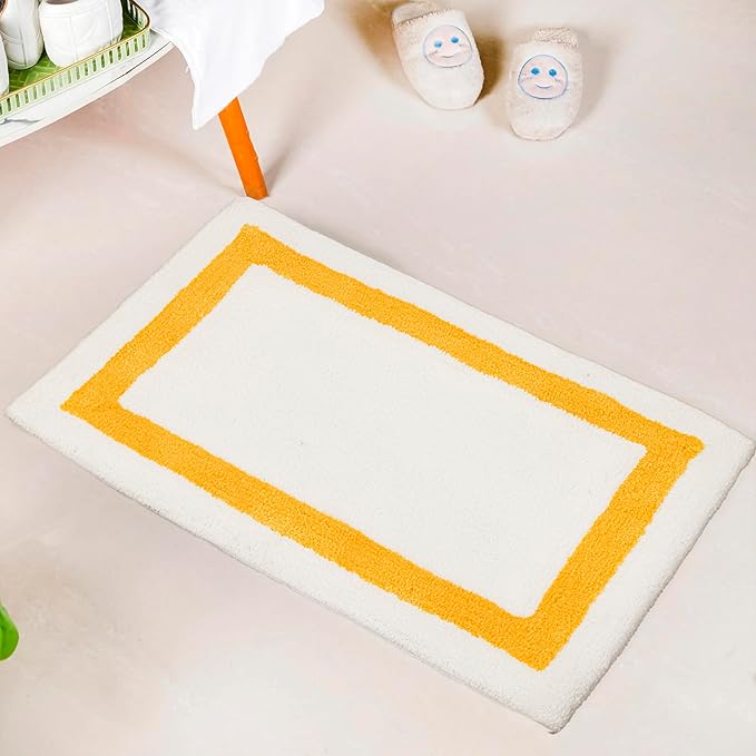 C23 Luxury Deep-Pile Bath Rug | 2200 GSM Ultra-Soft Plush Thick Bathroom Mat | 20"x32" Mustard Yellow & White High-Density Loft Rug | Non-Slip Natural Latex Back, Absorbent, Machine Washable, 1 Piece