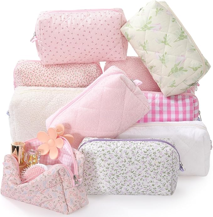 Paterr 10 Pcs Quilted Makeup Bag Bulk Cotton Floral Cosmetic Bag Women Girls Bridesmaid Gifts Cute Makeup Pouch Coquette Aesthetic Travel Toiletry Organizer(Purple Floral,7.87 x 4.72 x 3.15 Inches)
