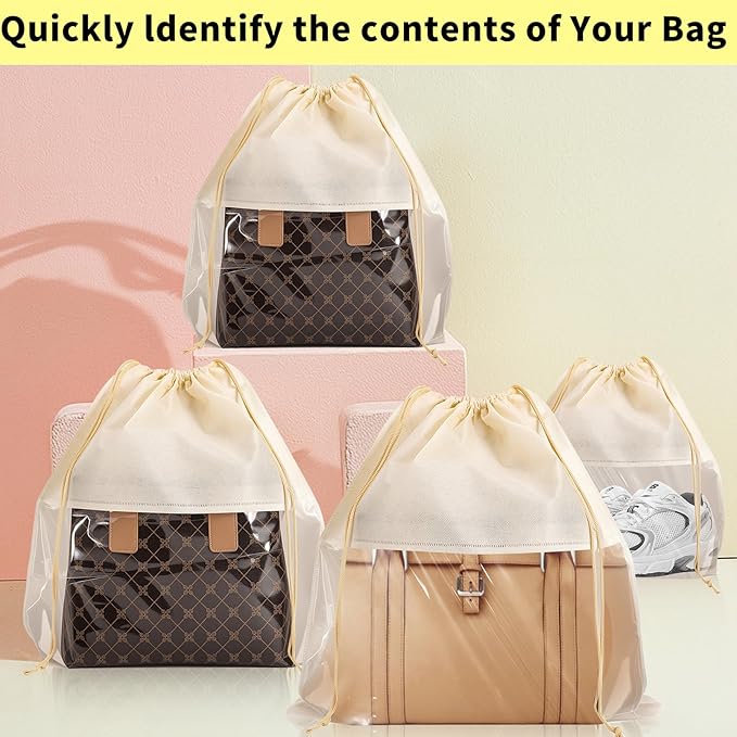 Bgtecho 12 Pcs Shoe Bags for Travel, Dust Bags for Handbags, Dustproof Drawstring Bags in 4 Size, Breathable Non Woven Fabric Storage Bag for Handbags Shoes Purses, Beige