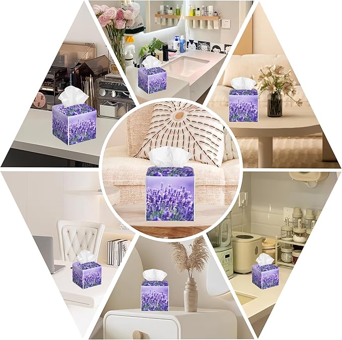 BLYKVGHQ Lavender Flowers Tissue Box Cover Square, Tissue Box Holder with Bottom Belt Leather Facial Paper Organizer Dispenser for Bathroom Bedroom Dresser Night Stand Tabletop