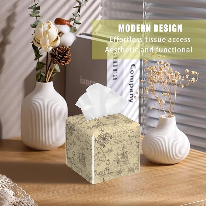 Sailboat and Sea Monster Leather Tissue Box Holder Vintage Nautical Map Tissue Box Cover Facial Paper Case Organizer Cube Napkin Dispenser for Bathroom Vanity Countertop Night Stand Office Car