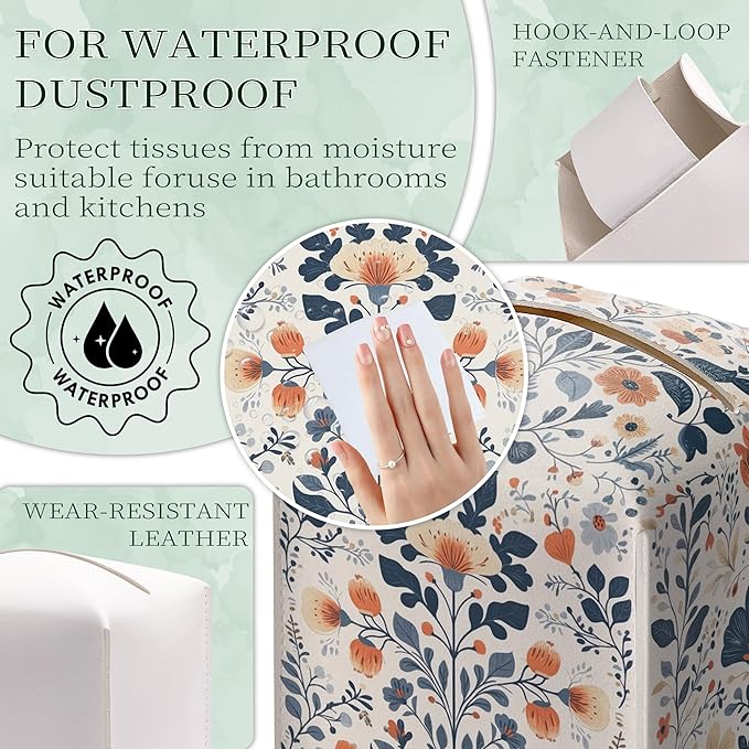 Floral Tissue Box Holder, Scandinavian Leather Tissue Box Cover Square, Paper Napkins Everyday Dispenser for Bathroom Vanity Countertop Night Stands Kitchen Office Car Home Decor