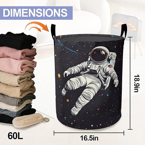 Astronauts in Space Laundry Basket-Large Foldable Hamper Holder Portable Tall Collapsible Laundry Hamper Storage Basket Bin with Handles, Canvas & Waterproof lining for Household Items