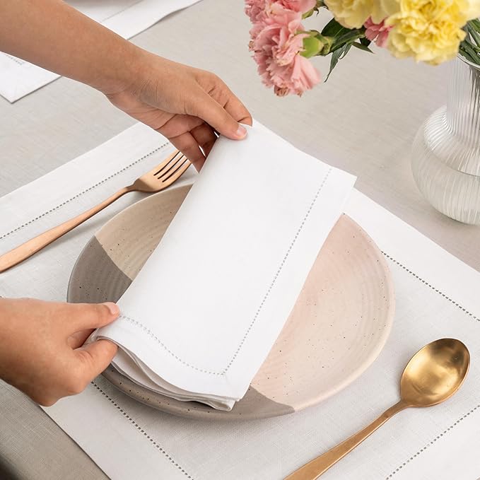 D'Moksha Homes White Linen Napkins Set of 6 - Classic Hemstitch 100% Pure Linen Hemstitch Dinner Napkins 20 x 20 Inch for Valentines, Spring, Easter - Handcrafted and Machine Washable