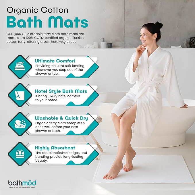 Organic Cotton Bath Mats - 4 Pack, Ultra Plush, GOTS Certified Organic - Hotel Style Bath Mats - Washable, Quick Dry - Premium Turkish Cotton Terry, White