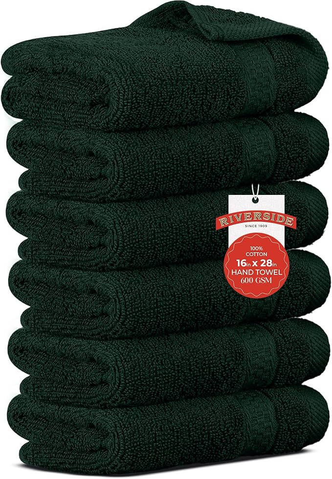RIVERSIDE 6 Pack Premium Hand Towels Set, 16x28 inches, 100% Ring Spun Cotton, 600 GSM, Soft, Quick Dry and Highly Absorbent, Towels for Bathroom, Kitchen, Gym, Spa - Hunter Green