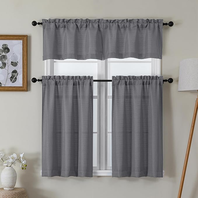 Lecloud Bessie Dark Grey Kitchen Curtains 30 Inch Length 2 Pcs, Faux Linen Textured Short Curtains for Small Windows, Light Filtering Tiers Window Treatments for Bedroom Bathroom, Each 30 W x 30 L