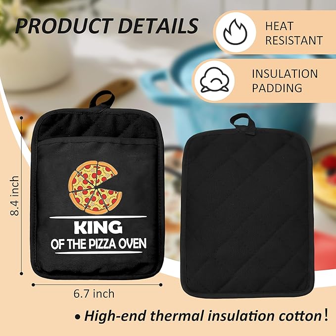 Funny Oven Mitts Set, Funny Pizza Themed Gifts for Lovers, King of The Pizza Heat Resistant Kitchen Oven Gloves for Baking and Cooking,Pot Holders