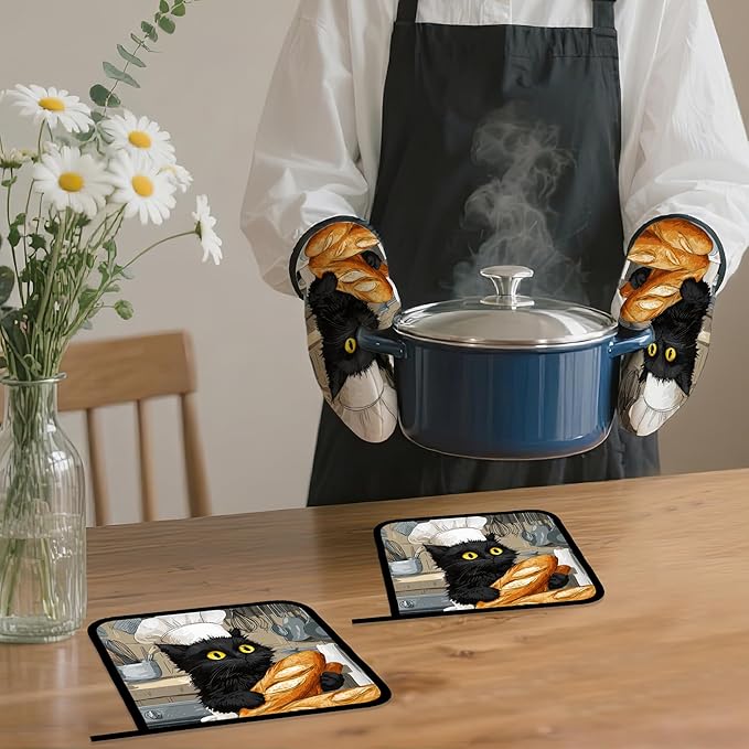 Cute Black Cat Oven Mitts and Pot Holders Set,Chef Kitchen Decor Heat Resistant Non Slip Hot Pads and Oven Mitt for Chef Cooking Baking BBQ Mom Girl Gifts(4 Piece Set)