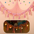 iHansee Stuffed Animal Hammock Corner, 56 Inch Jumbo Macrame Ceiling Toys Net, Pink Wall Hanging Organizer Holder Plush Storage Display Net Mesh with LED Lights for Nursery Playroom Kid Room Decor