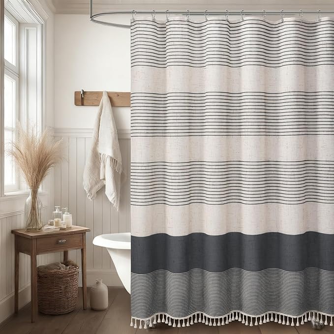XOGUIBO Dark Grey Shower Shower Curtain Boho Linen Striped Shower Curtains for Bathroom with Tassel 72 X 72