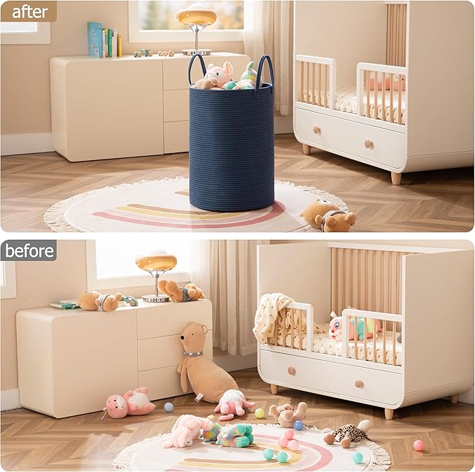 Laundry Basket, 52L Woven Laundry Hamper, Baby Nursery Hamper for Toys, Blanket Basket for Living Room, Clothes Hamper for Bedroom&Baby Room, Blue