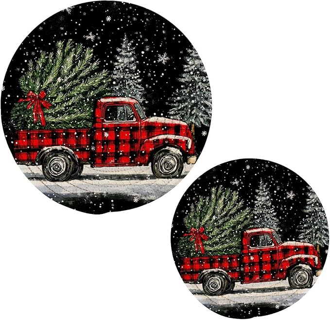 Christmas Tree Truck Trivets for Hot Dishes Pots and Pans Potholders Woven Trivet Cotton Round Large Pot Holder Decor Heat Resistant Hot Pads Mat for Table Counter Cooking Potholder Set of 2