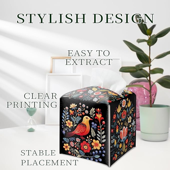 Black Tissue Box Holder, Floral Bird Leather Tissue Box Cover Square with Bottom Belt, Paper Napkins Everyday Dispenser for Bathroom Night Stands Kitchen Office Car Home Decor