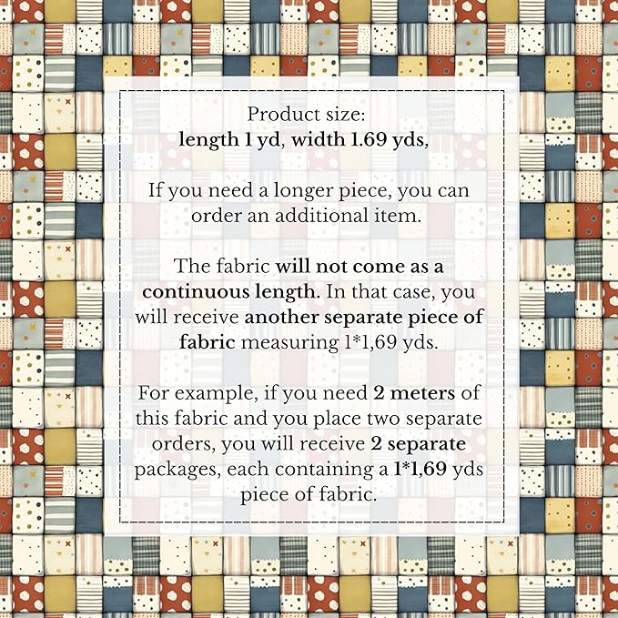 Soft Neutral Patchwork Cotton Fabric Panel 61 x 36.6 Inches, Minimal Geometric Quilt Pattern, Beige Blue Mustard Tones, 100% Cotton 140 GSM