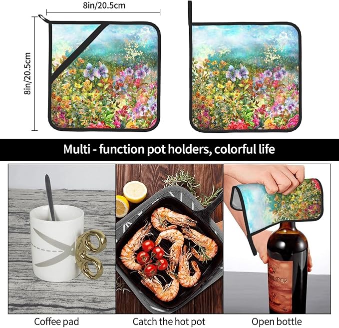 2PCS Fancy Flowers Pot Holders Set for Kitchen, Printed Colorful Potholders with Great Heat Resistance, Hot Pads, Trivets for Cooking and Baking 8x8