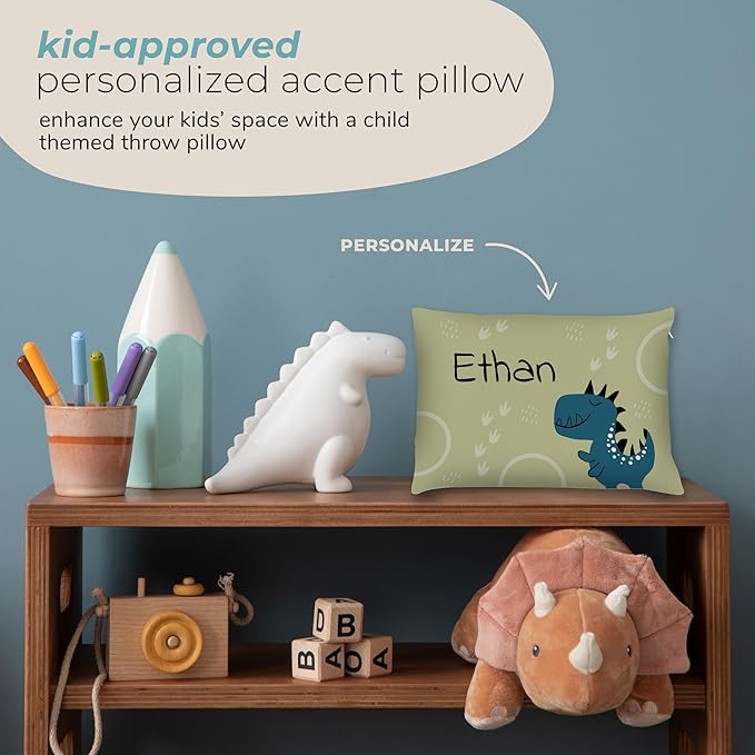 Prints Next Day – Kids Custom Dinosaur Throw Pillow - 14" x 20" - Double-Sided Printing - Cover Only - Kids Personalized Bedroom Accent Pillow with Name - Nursery Decor - Printed in USA
