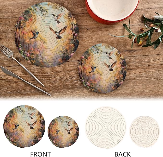 Forest Flowers and Hummingbird Trivets for Hot Dishes Pots and Pans Potholders Woven Trivet Cotton Round Large Pot Holder Decor Heat Resistant Hot Pads Mat for Table Counter Cooking Potholder S