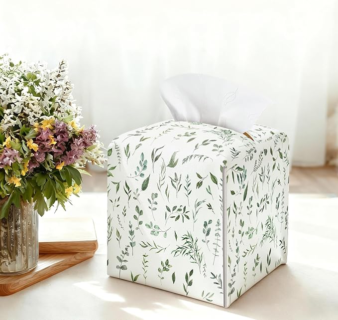 Sage Green Tissue Box Holder, Modern Leather Tissue Box Cover Square with Bottom Belt, Paper Napkins Everyday Dispenser Accessories for Bathroom Night Stands Kitchen Office Car Home Decor