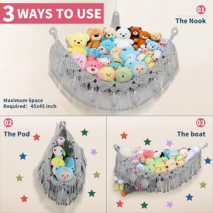 Stuffed Animal Hammock Corner - 56'' Jumbo Handcrafted 5mm Double Macrame Cord Toy Hammock Holder - 100% Natural Cotton Stuffed Animal Storage Net - Gray Stuffy Plushie Net w/LED Star Light
