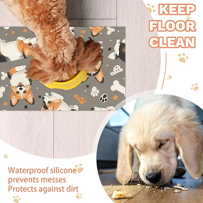 Eizlang Corgi Dog Cat Food Mat,12"x20" Inches Rapid Absorbent Pet Feeding Mat,Pets Placemat Water Bowl Mats with Rubber Backing,No Stains Cat Dog Feeding Mats Indoor,Pet Accessories Supplies