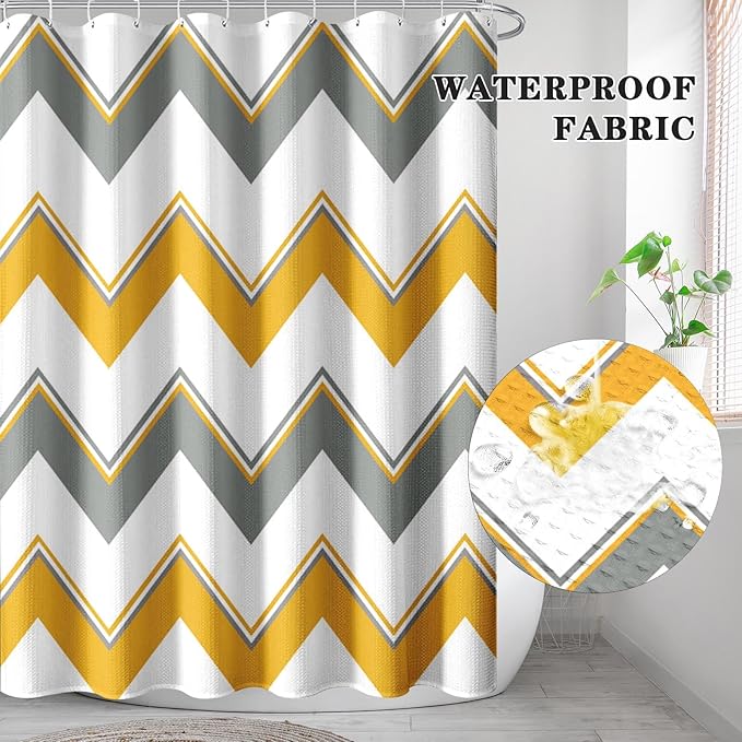 Culudea Chevron Striped Yellow Gray Modern Waffle Textured Cloth Shower Curtain Set, Zig Zag Wave Farmhouse Bathroom Window Waterproof Shower Curtains for Bathroom Decor