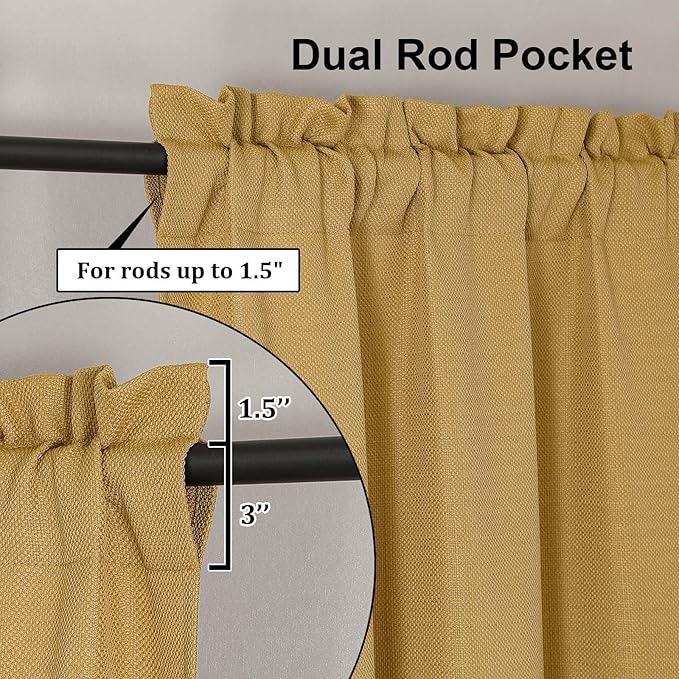 Lecloud Bessie Gold Curtains 54 Inch Length 2 Panels Set, Light Filtering Curtains Faux Linen Textured Drapes for Bedroom Living Room, Soft Airy Rod Pocket Window Treatments, Each 30 W x 54 L