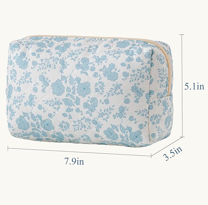 HBselect Quilted Makeup Bag, Portable Cotton Travel Makeup Bag, Cute Coquette Blueflowers Floral Pencil Pouch Toiletry Bags for Women Teen Girls Mom