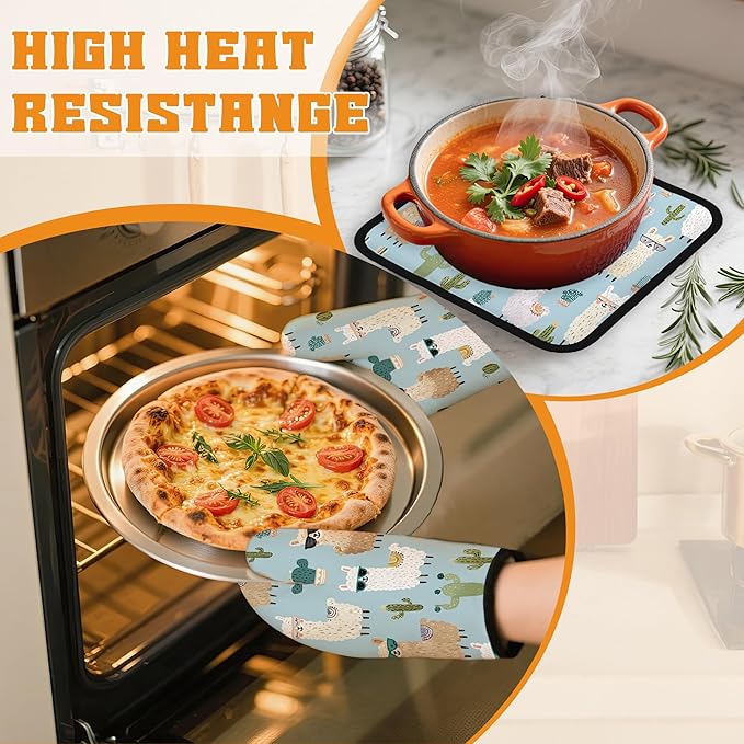 Cute Alpacas Oven Mitts and Pot Holders Set,Cactus Kitchen Decor Heat Resistant Non Slip Hot Pads and Oven Mitt for Chef Cooking Baking BBQ Mom Girl Gifts(4 Piece Set)