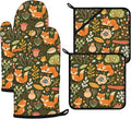 Fox Oven Mitts and Pot Holders Sets 4Pcs,Extra Long Oven Gloves Potholder for Kitchen Cooking Baking BBQ 100% Cotton Heat Resistant