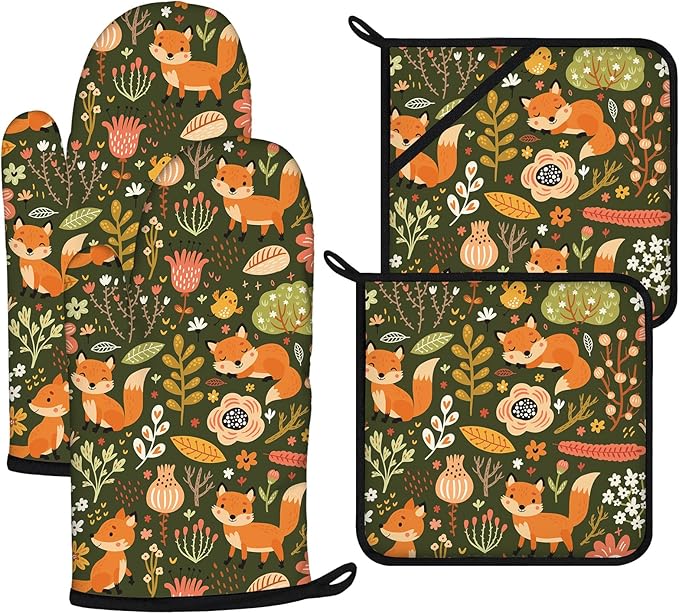 Fox Oven Mitts and Pot Holders Sets 4Pcs,Extra Long Oven Gloves Potholder for Kitchen Cooking Baking BBQ 100% Cotton Heat Resistant