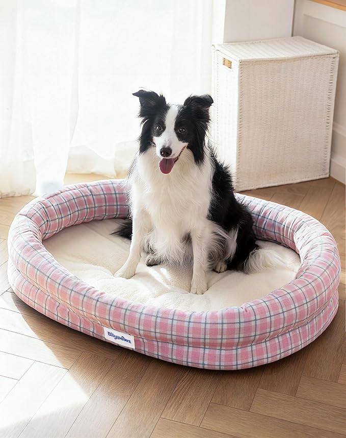 bilypaws Orthopedic Dog Bed for Small Dogs, Pet Sofa Bed with Egg Crate Foam, 4-Sided Bolster, Removable Washable Cover & Anti-Slip Bottom, Small Pink Plaid