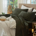 MooMee Bedding Sheet Set 100% Washed Cotton Linen Like Textured Breathable Durable Soft Comfy (Solid Olive Green, King)